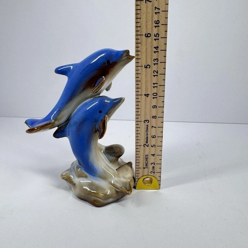 Vintage Double Dolphin Ceramic Figurine Blue Glazed Ocean Coastal Nautical Decor